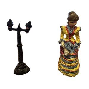 Vintage 98IRS China Lead Figure Young Woman in Dress & Light Post 1.25"